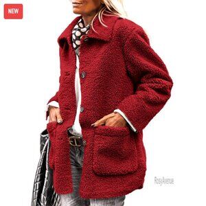 Faux Fur Sherpa Jacket Women's Winter Coat Button Down Pockets Lapel